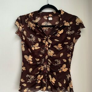 Studio Y Y2K Sheer Mesh Paisley Ruched Button Front Blouse Brown S